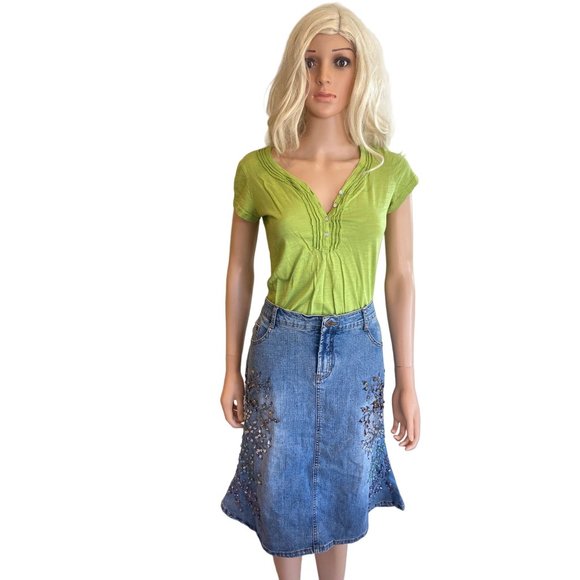 Mango Vintage Bead Applique Jean Skirt 33x25 5 pockets Cotton Stretch Medium - Picture 1 of 17